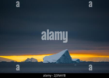 Tagesanbruch im Antarktischen Kreis, mit Eisbergen um die Marguerite Bay südlich der Avian Island, Antarktis Stockfoto