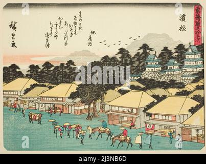 Hamamatsu, aus der Serie "53 Stationen des Tokaido (Tokaido gojusan tsugi)", auch bekannt als der Tokaido mit Gedicht (Kyoka iri Tokaido), c.. 1837/42. Stockfoto