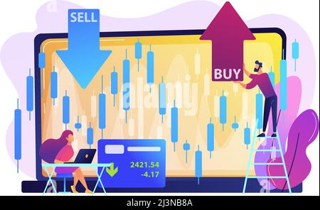 Kleine Leute Aktien Trader am Laptop mit Grafik-Chart kaufen und verkaufen Aktien. Börsenindex, Börsenmakler, Börsendatenkonzept. Brigh Stock Vektor