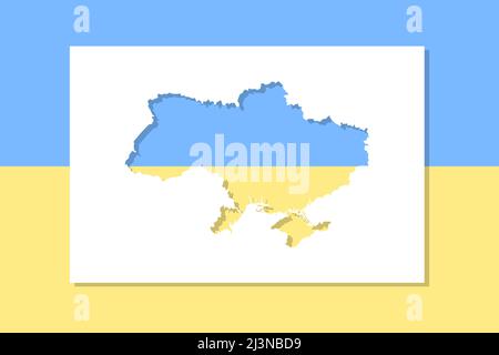 Schablonenkarte der Ukraine auf dem Hintergrund der Nationalflagge in Pastelltönen. Schnitt- und Schatteneffekt. Flacher, minimalistischer Style. Stock Vektor