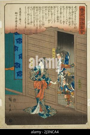 Oiso no Tora erzählt Soga Brothers, wo Suketsune zu finden ist, aus der Serie "Illustrated Tale of the Soga Brothers (Soga monogatari zue)", c. 1843/47. Stockfoto