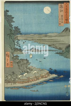 Provinz OMI: Biwa-See und Ishiyama-Tempel (Omi, Biwako Ishiyamadera), aus der Serie "berühmte Orte in den ungeraden Provinzen (Rokujuyoshu meisho zue)", 1853. Stockfoto