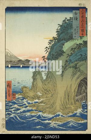 Provinz Sagami: Eingang zu den Höhlen von Enoshima (Sagami, Enoshima iwaya no kuchi), aus der Serie "Famous Places in the Sixty-Odd Provinces (Rokujuyoshu meisho zue)", 1853. Stockfoto