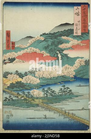 Provinz Yamashiro: Die Togetsu-Brücke im Berg Arashi (Yamashiro, Arashiyama Togetsukyo), aus der Serie "berühmte Orte in den sechzig Provinzen (Rokujuyoshu meisho zue)", 1853. Stockfoto