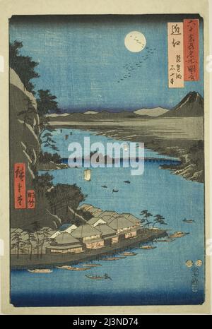 Provinz OMI: Biwa-See und Ishiyama-Tempel (Omi, Biwako Ishiyamadera), aus der Serie "berühmte Orte in den ungeraden Provinzen (Rokujuyoshu meisho zue)", 1853. Stockfoto