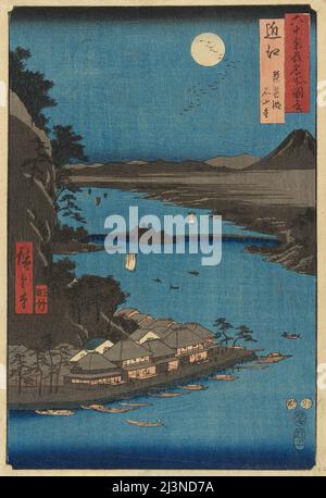 Provinz OMI: Biwa-See und Ishiyama-Tempel (Omi, Biwako Ishiyamadera), aus der Serie "berühmte Orte in den ungeraden Provinzen (Rokujuyoshu meisho zue)", 1853. Stockfoto