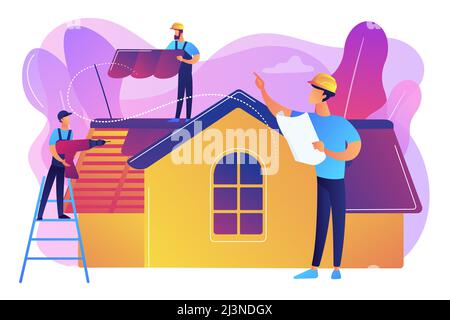 Gebäudreparatur. Renovierung der Dächer und Dachsanierung. Dachdeckendienstleistungen, Dachreparaturunterstützung, Spitzendeckenbauunternehmen Konzept. Strahlend lebendig Stock Vektor