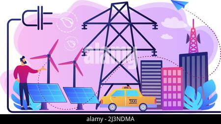 Geschäftsmann in grüner Stadt und Elektroauto mit alternativen Kraftstoff. Alternative Brennstoffe, chemisch gespeicherter Strom, Konzept nicht fossiler Quellen. Brigh Stock Vektor