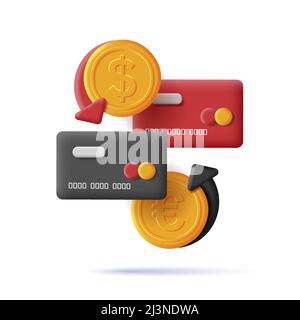 3D digitale Ikone der Kreditkarten mit goldenen Euro- und Dollarmünzen mit Pfeilen zum Tausch. Vektorgrafik, isoliert Stock Vektor