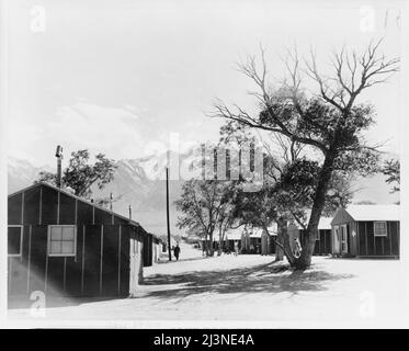 Umzug in Japan, Kalifornien. Ein Blick auf die Quartiere in Manzanar, Kalifornien, einem Kriegsverlagerung Authority Center, wo Evakuierte japanischer Abstammung die Dauer verbringen werden. Mount Whitney, der höchste Gipfel der Vereinigten Staaten, liegt im Hintergrund. Stockfoto