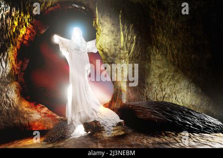 Auferstehung Jesu Christi. Der auferstandene Jesus kommt aus dem Grab. Religiöser Hintergrund. 3D Darstellung rendern. Stockfoto