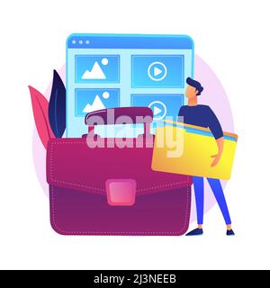 Portfoliomanagement. Frühere Projekte Beispiele, Werkkatalog, Präsentation der Fähigkeiten. Erfolgreiche Grafik-Designer, Web-Entwickler Cartoon-Charakter. Vec Stock Vektor