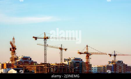 Panorama einer Baustelle. Viele Turmdrehkrane auf dem Hintergrund des abendlichen blauen Himmels. Warme Farben. Stockfoto