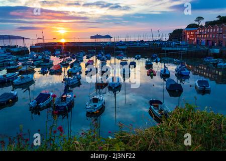 Blick auf die Anlegestellen im malerischen Hafen von Paigton Harbour bei Ebbe mit Schwerpunkt auf Freizeitbootanlegestellen, Wassersport und Vergnügungskreuzfahrten Stockfoto