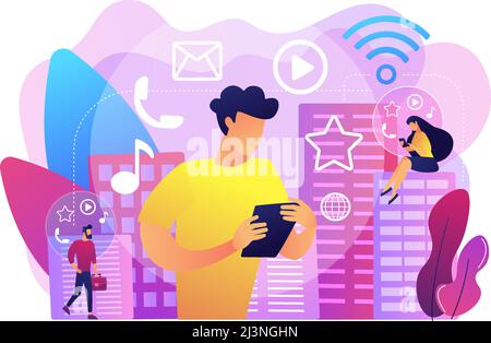Winzige Menschen in Smart City mit mehreren intelligenten Geräten verbunden. Vernetztes Wohnen, globale Online-Services, intelligentes Geräte-Netzwerk-Konzept. Stock Vektor