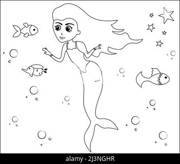 (Mermaid Coloring Page: 1) Süße Meerjungfrau mit Goldfischen, grünem Gras, Wasserblasen auf dem Hintergrund, Vektor-Schwarz-Weiß-Malseite. Stock Vektor