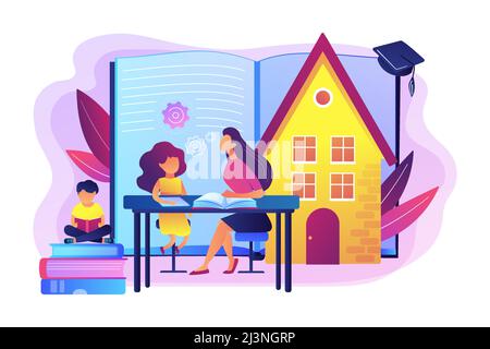 Kinder zu Hause mit Tutor oder Eltern bekommen Bildung, winzige Menschen. Home Schulbildung, Home Education Plan, Homeschooling Online Tutor Konzept. Hell Stock Vektor