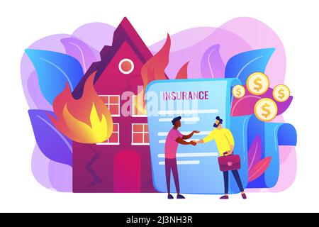 Brennendes Haus, brennendes Gebäude. Versicherungsvertreter und Kunde flache Zeichen. Brandversicherung, brandwirtschaftliche Schäden, schützen Sie Ihr Sachkonzept. Brigh Stock Vektor