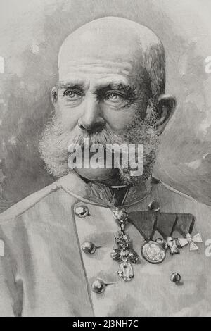 Franz Joseph I. von Österreich (1830-1916). Kaiser von Österreich (1848-1916), König von Ungarn, Kroatien und Böhmen (1867-1916). Hochformat. Gravur. La Ilustración Española y Americana, 1898. Stockfoto