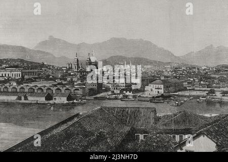 Brasilien, Rio de Janeiro. Panoramablick vom Straßenrand. Stich von Bernardo Rico. La Ilustración Española y Americana, 1898. Stockfoto