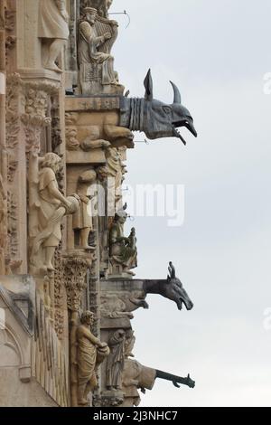 Wasserspeier in Form eines Nashorns und anderer exotischer Tiere an der Westfassade der Kathedrale von Reims (Cathédrale Notre-Dame de Reims) in Reims, Frankreich. Stockfoto