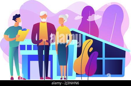 Qualifizierte Krankenschwester und ältere Menschen bekommen rund um die Uhr Pflege. Pflegeheim, Pflege häusliche Pflege, Physiotherapie-Service-Konzept. Brig Stock Vektor