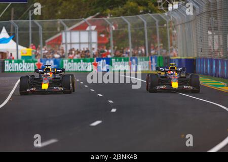 Albert Park, Melbourne, Australien. 9. April 2022. FIA Formula 1 Australian Grand Prix, Qualifikationssitzungen; Red Bulls von Max Verstappen und Sergio Perez während des freien Trainings 3 bei der australischen Formel 1 Grandprix Credit: Action Plus Sports/Alamy Live News Stockfoto