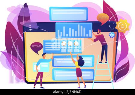 Content-Marketing-Manager, -Spezialist und -Analyst arbeiten auf Websites für Zielgruppen. Content Marketing, Working Content, SEO-Optimierungs-Tool-Konzept. Brigh Stock Vektor