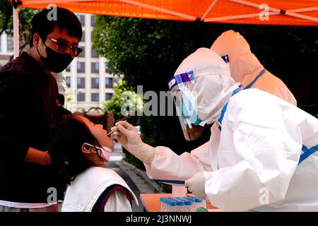 Shanghai, China. 9. April 2022. Ein medizinisches Personal nimmt eine Abstrichprobe eines Bewohners für Nukleinsäuretests in einer Gemeinde in Shanghai, Ostchina, am 9. April 2022. Quelle: Zhang Jiansong/Xinhua/Alamy Live News Stockfoto