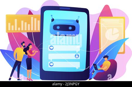 Kunden chatten mit Chatbot auf dem Smartphone-Bildschirm mit Sprechblasen. Customer Service Chatbot, E-Commerce Chatbot, Self-Service Experience Konzept. B Stock Vektor