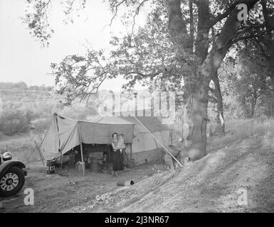 Frau und Kind einer Wanderarbeiterin, lagerten in der Nähe von Winters, Kalifornien. Dies ist ein geplanter Ort für das Migrant Camp der Resettlement Administration. Stockfoto