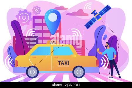 Geschäftsmann mit Smartphone, der ein fahrerloses Taxi mit Sensoren und Positionsnadel nimmt. Autonomes Taxi, selbstfahrendes Taxi, On-Demand-Car-Service-Konzept. B Stock Vektor