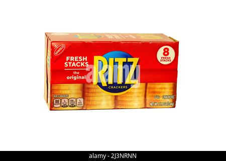 Lancaster County, PA, USA - 7. April 2022: Eine Schachtel Ritz Cracker der Marke Nabisco. Stockfoto