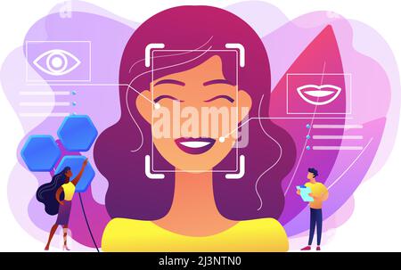 Kleine Menschen Wissenschaftler identifizieren weibliche Emotionen aus Stimme und Gesicht. Emotionserkennung, emotionale Zustandserkennung, Konzept der EMO-Sensortechnologie. Br Stock Vektor