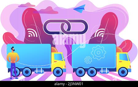 LKWs, die mit Verbindungstechnologien an den Zug angeschlossen sind. LKW-Platooning, autonom fahrende Lkw, modernes Logistiktechnikkonzept. Hell Stock Vektor