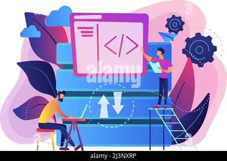 Zwei Entwickler, die mit Big-Data-Technologie arbeiten. Big-Data-Management und -Speicherung, Datenbankanalyse und -Design, Data-Software-Engineering-Konzept, vi Stock Vektor