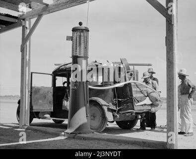 Neunköpfige Familie aus der Nähe von Fort Smith, Arkansas, auf dem Weg, um bei den kalifornischen Ernten Arbeit zu finden. Zwischen Yuma und Phoenix, Arizona. Vierzehn solcher Autos waren eines Nachmittags auf dieser Autobahn vorbeigefahren. Stockfoto