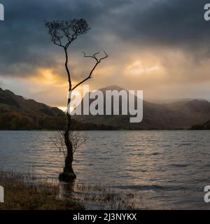 Atemberaubendes Landschaftsbild von Buttermere im Lake District bei Sonnenaufgang im Herbst mit dramatischem stürmischen Himmel Stockfoto