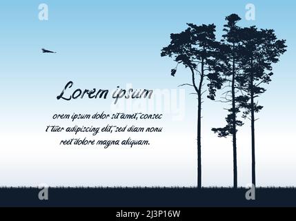 Flache Design-Illustration der Landschaft mit Nadelbäumen und Gras. Wald mit blauem Himmel Hintergrund und Platz für Text - Vektor-Banner Stock Vektor