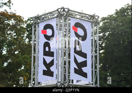 Wien, Österreich. 30. August 2014. Volksstimme-Festival am Prater in Wien. Das Bild zeigt das Logo der Kommunistischen Partei Österreichs Stockfoto