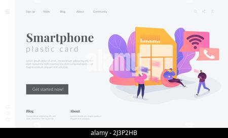 Handy-Netzwerk, Smartphone Plastikkarte Mikrochip, drahtlose Handy-Kommunikation Konzept. UI-Vorlage für die Benutzeroberfläche der Website-Homepage. Landing Web Stock Vektor