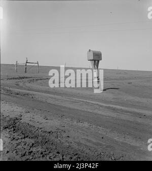 Briefkasten in der Staubschale. Coldwater District, nördlich von Dalhart, Texas. Stockfoto