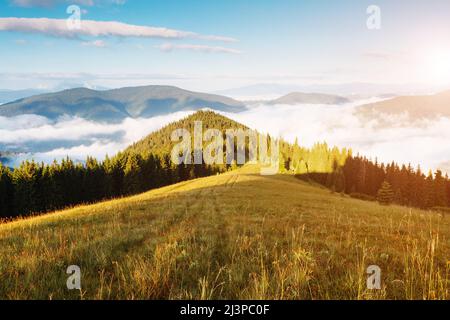 Eine tolle Aussicht auf die Berge Glühen durch Sonnenlicht in der Dämmerung. Dramatische und malerischen Morgen Szene. Ort: Karpaten Nationalpark, der Ukraine, Stockfoto