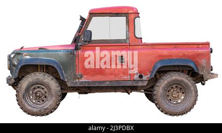 Ein isolierter, von Schmutz und Kratzern bedeckter Geländewagen im Geländewagen Endurance 4x4 Stockfoto