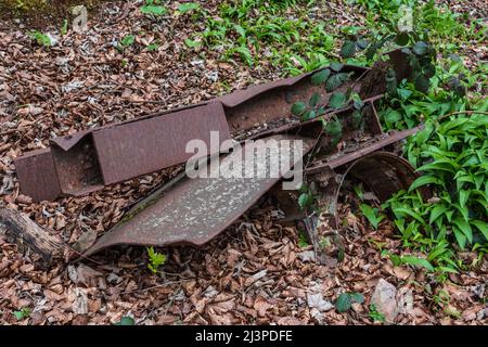 Rostreste eines Eisenbahnwagens aus dem Steinbruch, Radyr, Cardiff, Wales Stockfoto