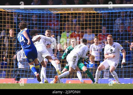 London, Großbritannien. 09. April 2022. Alex Woodyard vom AFC Wimbledon (L) schießt seinen Teams das erste Tor. EFL Skybet Football League One Match, AFC Wimbledon gegen MK Dons in der Plough Lane in London am Samstag, 9.. April 2022. Dieses Bild darf nur für redaktionelle Zwecke verwendet werden. Nur zur redaktionellen Verwendung, Lizenz für kommerzielle Nutzung erforderlich. Keine Verwendung bei Wetten, Spielen oder Veröffentlichungen in einem Club/einer Liga/einem Spieler. PIC von Steffan Bowen/Andrew Orchard Sports Photography/Alamy Live News Credit: Andrew Orchard Sports Photography/Alamy Live News Stockfoto