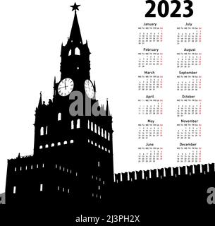 Stilvoller Kalender mit Moskau, Russland, Kreml Spasskaya Tower mit Uhr für 2023. Stock Vektor