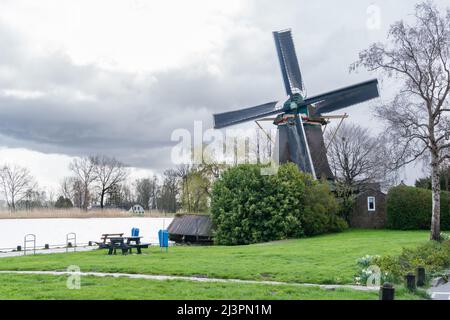 Weesp, Niederlande. 09 april 2022. Windmühle 'de Eendragt' entlang des Utrechtse-Weges und des Flusses Vecht, mit rotationg Klingen. Die Gilde der freiwilligen Millers wird 2022 50 Jahre alt. Um die Bedeutung des Müllerhandwerks zu unterstreichen, wurde ein Rekordversuch unternommen, alle rotierenden Wind- und Wasserturbinen in den Niederlanden zwischen 11:00 und 12:00 Uhr gleichzeitig laufen zu lassen. Fast 800 Mühlen nahmen daran Teil. Kredit: Steppeland/Alamy Live Nachrichten Stockfoto