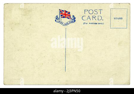 Original Postkarte aus der Zeit WW1 mit dem Logo des Union Jack Club, 91A Waterloo Road, Lambeth, London, U.K. der Union Jack Club wurde 1907 eröffnet und bietet Unterkunft, Restaurant, Besprechungs- und Lesesäle für Militärangehörige während ihres Aufenthalts in London. Es sah viel Nutzen während beider Weltkriege. Postkarte herausgegeben vom Union Jack Club. Um 1915. Stockfoto