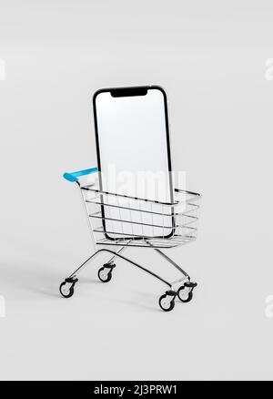 Realistisches Smartphone im Warenkorb isoliert auf grauem Hintergrund. Lieferung nach Hause und Online-Shopping-Konzept. 3D Rendern. Stockfoto